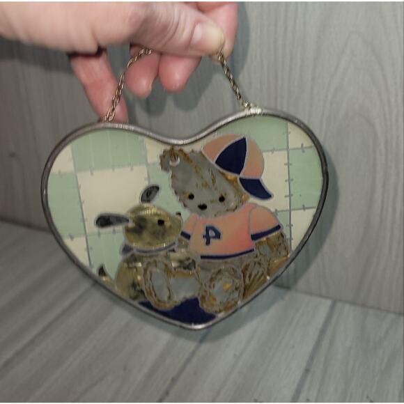 Vtg Heart-Shaped Stained Glass Bear & Bunny Sun Catcher Boho Kidcore - Picture 2 of 6